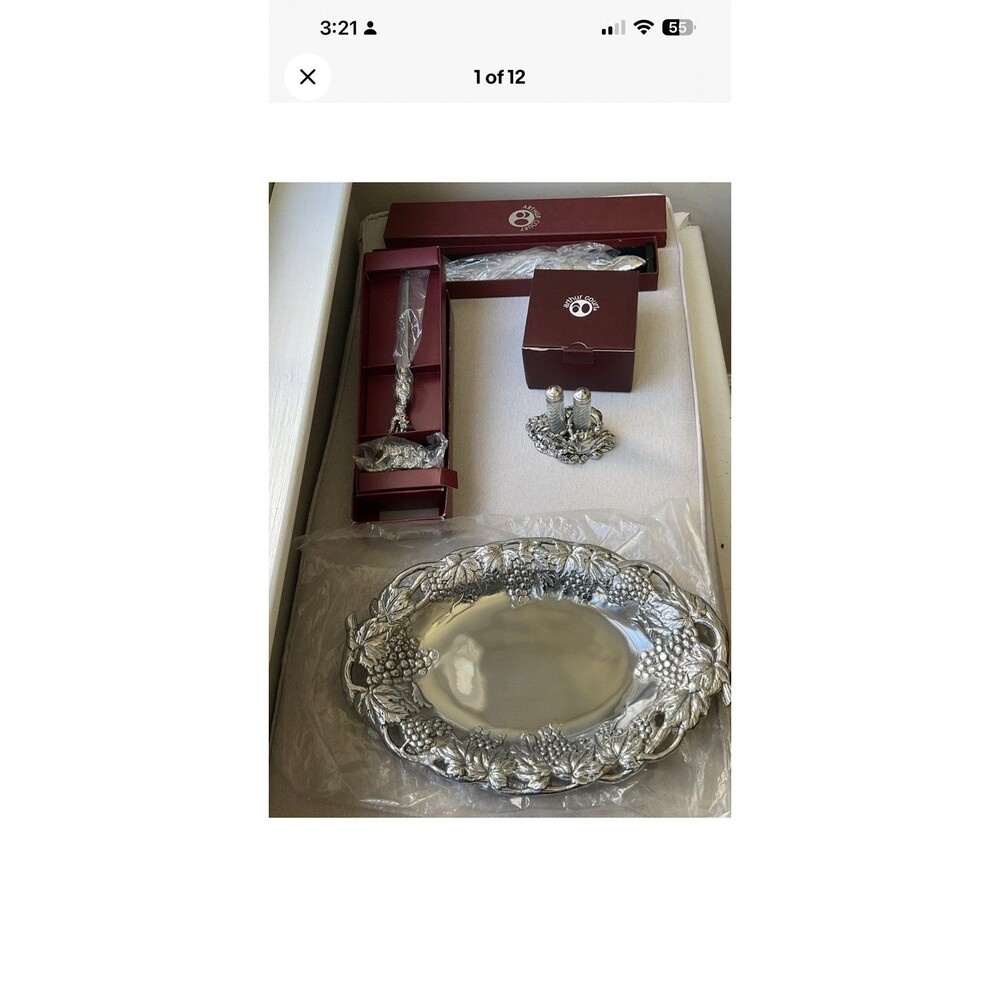 Arthur Court Lot Oval Grape Serving Tray, Letter opener,bread Knife, S&P Shaker
